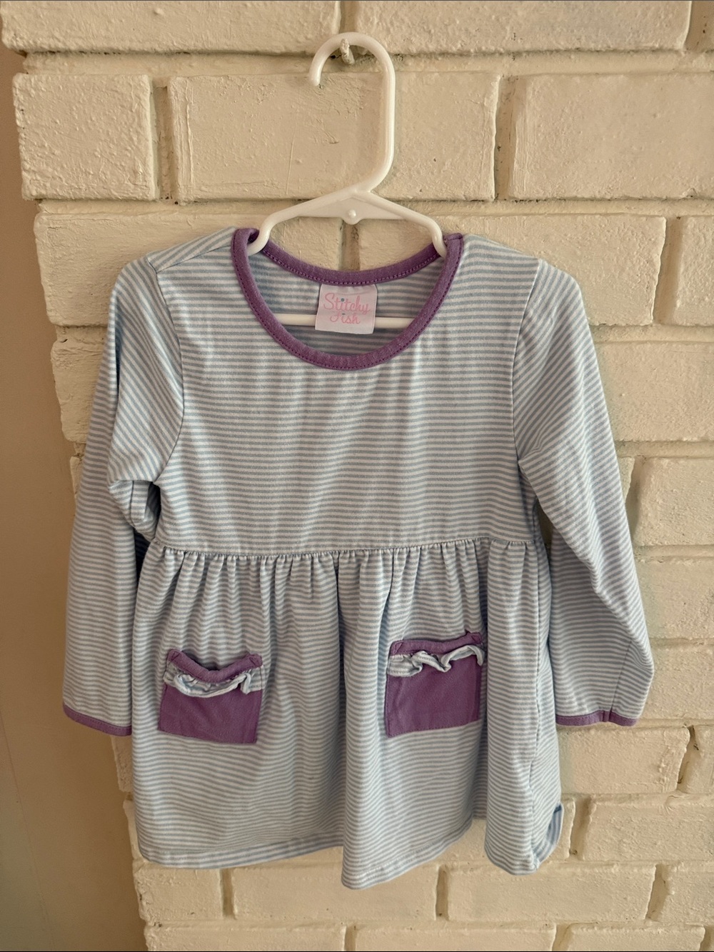 Shirley & Sam Light Blue Stripe Long-Sleeve Tunic with Purple Trim